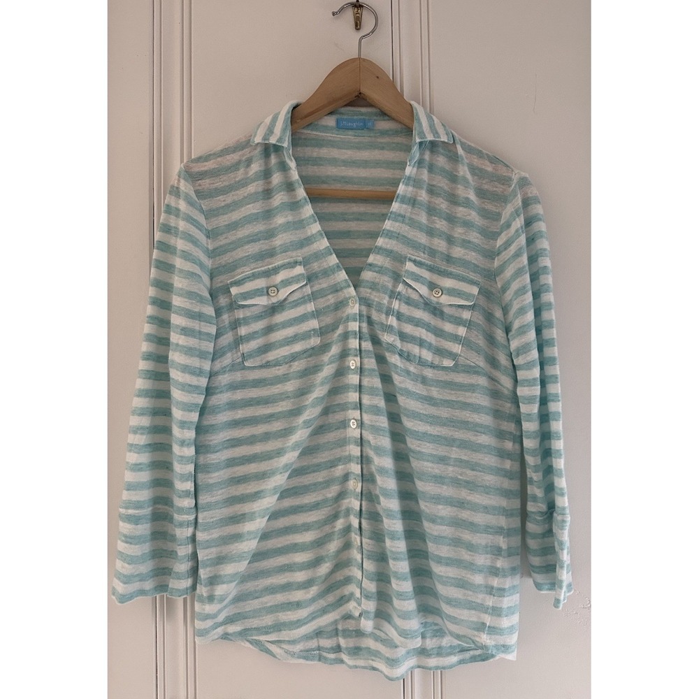 J.McLaughlin XS Aqua White Stripe Linen Blend Button Front Shirt